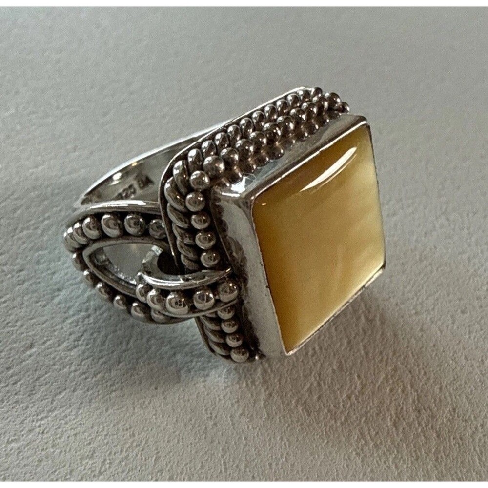 Sterling 925 Silver Square Yellow Mother Of Pearl Ring Sz 5 Silver Bead Accents